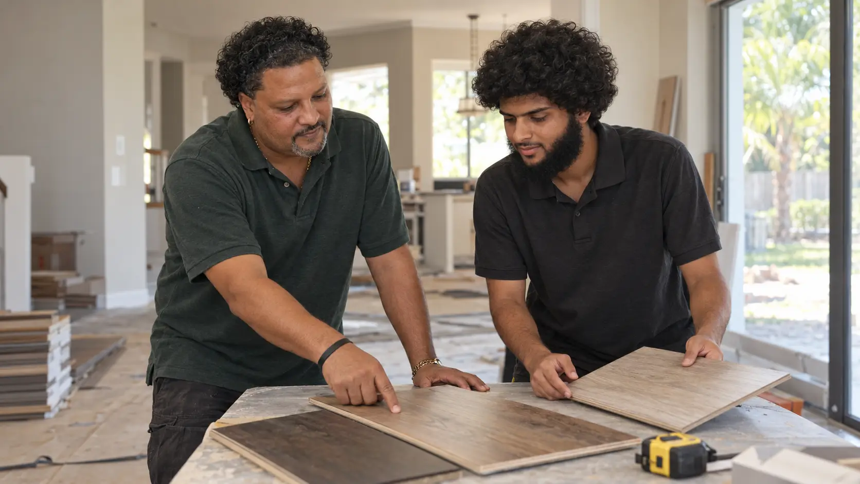 Mark Boodoo and his son Matthew comparing wood flooring samples